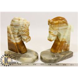 PAIR OF HORSE ALABASTER STONE BOOK ENDS.