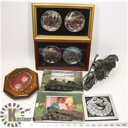 BOX OF ASSORTED WALL HANGINGS AND MORE.