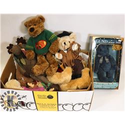 BOX OF ASSORTED STUFFED ANIMALS.