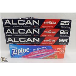 BAG OF ALCAN ALUMINUM FOIL  & ZIPLOC STORAGE BAGS