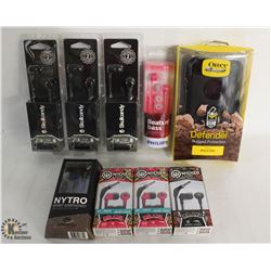 1 OTTER BOX IPHONE CASE & 8 PAIRS OF EARBUDS