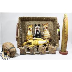 BASKET OF ASSORTED CAT HOME DECOR