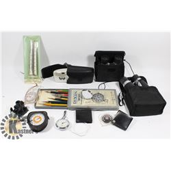 FLAT OF ASST ITEMS INCL BINOCULARS, THERMOMETER,