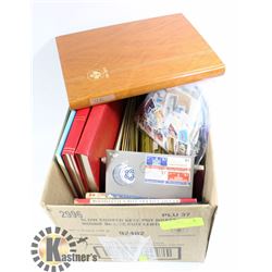 BOX OF ASSORTED STAMP BOOKS AND MORE
