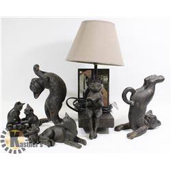 LOT OF DECORATIVE LAMPS AND ANIMAL STATUES.