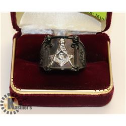SILVER TONE WITH BLACK MASONIC RING SZ 14.5