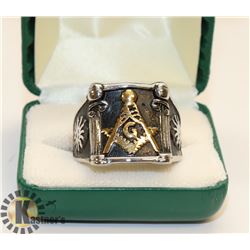 BLACK WITH SILVER TONE MASONIC RING SZ 14.5