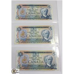 LOT OF 3 CANADIAN 5 DOLLAR BILLS - 1972 & 1979.