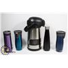 Image 1 : FLAT WITH THERMOS AND ASSORTED TRAVEL MUGS.