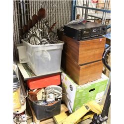 ESTATE PALLET WITH ASSORTED TOOLS, SPEAKERS,