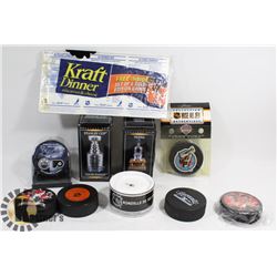 HOCKEY COLLECTIBLES INCLUDES PUCKS, MINI TROPHIES