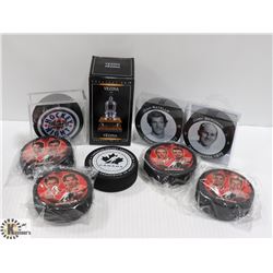 BOX OF COLLECTOR HOCKEY PUCKS AND MINI TROPHIES