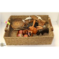 WICKER BASKET WITH ASSORTED WOOD ORNAMENTS
