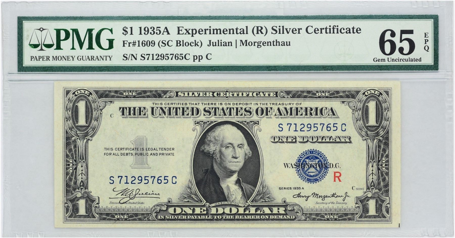 Fr 1609 1935A $1 Experimental R Silver Certificate PMG Gem Fr 1609 1935A $1 Experimental R Silver Certificate PMG Gem