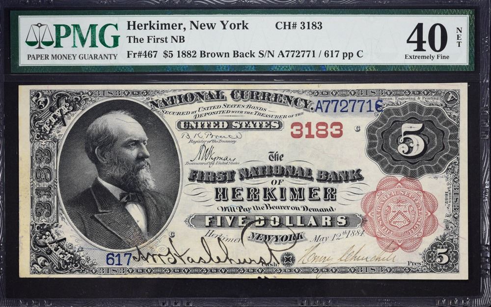 Herkimer, New York. 1882 5 Brown Back. Fr. 467. First NB. Charter 3183