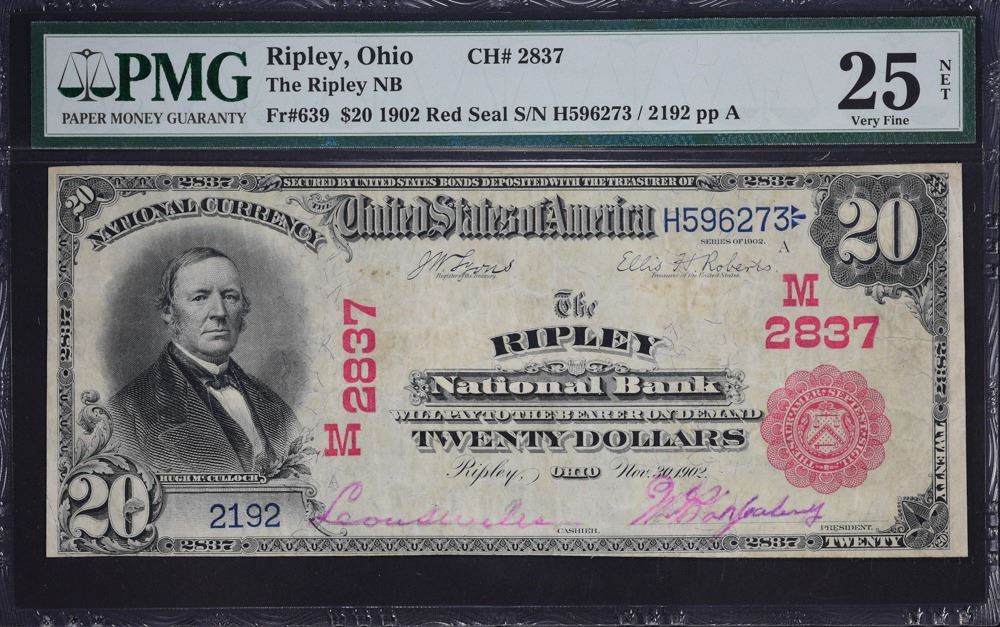 Ripley, Ohio. 1902 20 Red Seal. Fr. 639. Ripley NB. Charter 2837. PMG