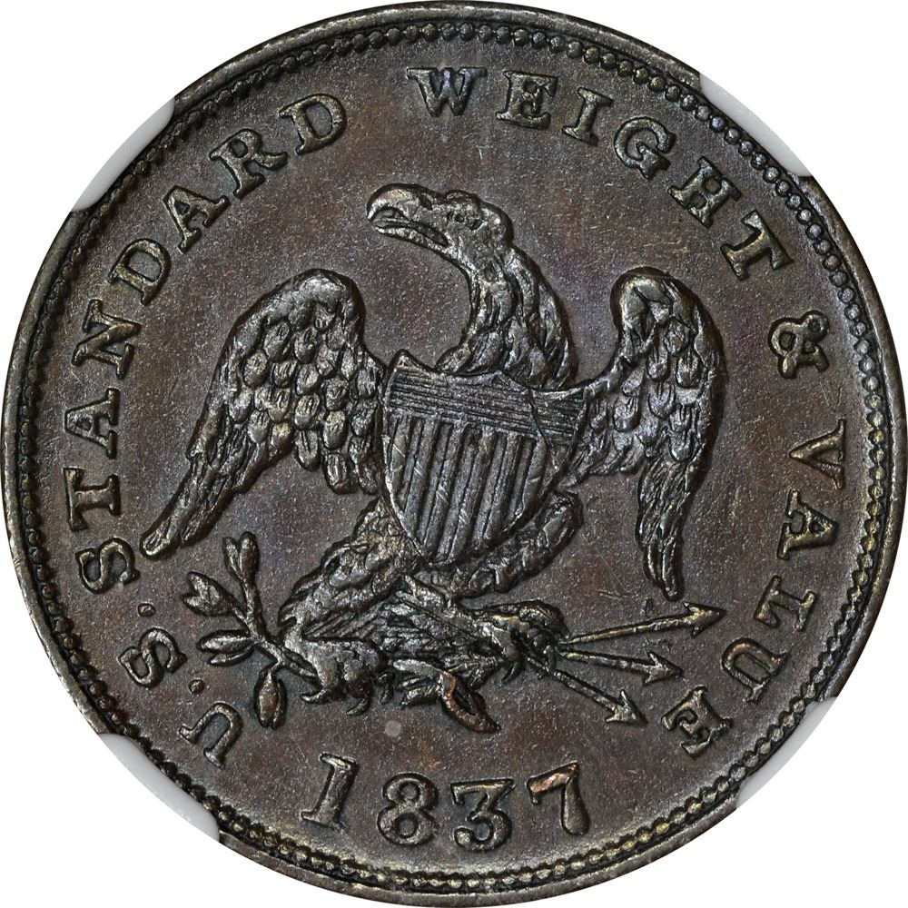 1837 Half Cent Worth of Pure Copper. HT73, Low49. Copper. Plain Edge