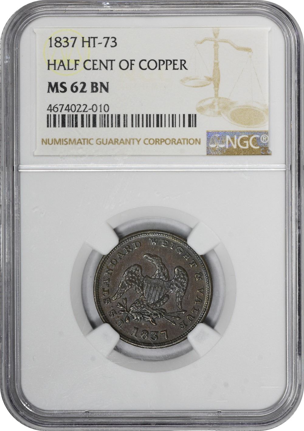 1837 Half Cent Worth of Pure Copper. HT73, Low49. Copper. Plain Edge