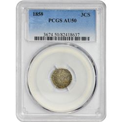 1858 3C AU50 PCGS
