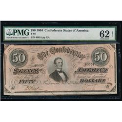 1864 $50 Confederate States of America Note PMG 62EPQ