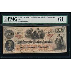 1862-63 $100 Confederate States of America Note PMG 61