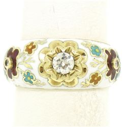 14K Yellow Gold Old Mine Diamond White Red Blue Enamel Flower Band Ring