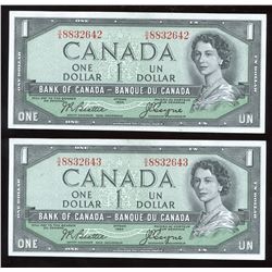 Bank of Canada $1, 1954 - Devil's Face - Lot of 2 Consecutives