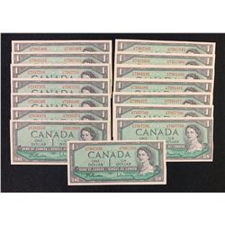 Bank of Canada $1, 1954 - Lot of 15 Transitional Prefix H/M