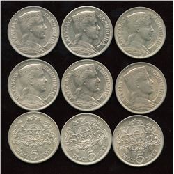 LATVIA 1929-1931 5 Lati Silver Crowns - Lot of 9