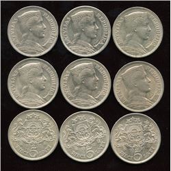 LATVIA 1929-1931 5 Lati Silver Crowns - Lot of 9