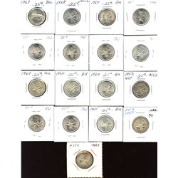 Dealer lot: 17 mint state Elizabeth II silver 25c coins, 1953 to 1968