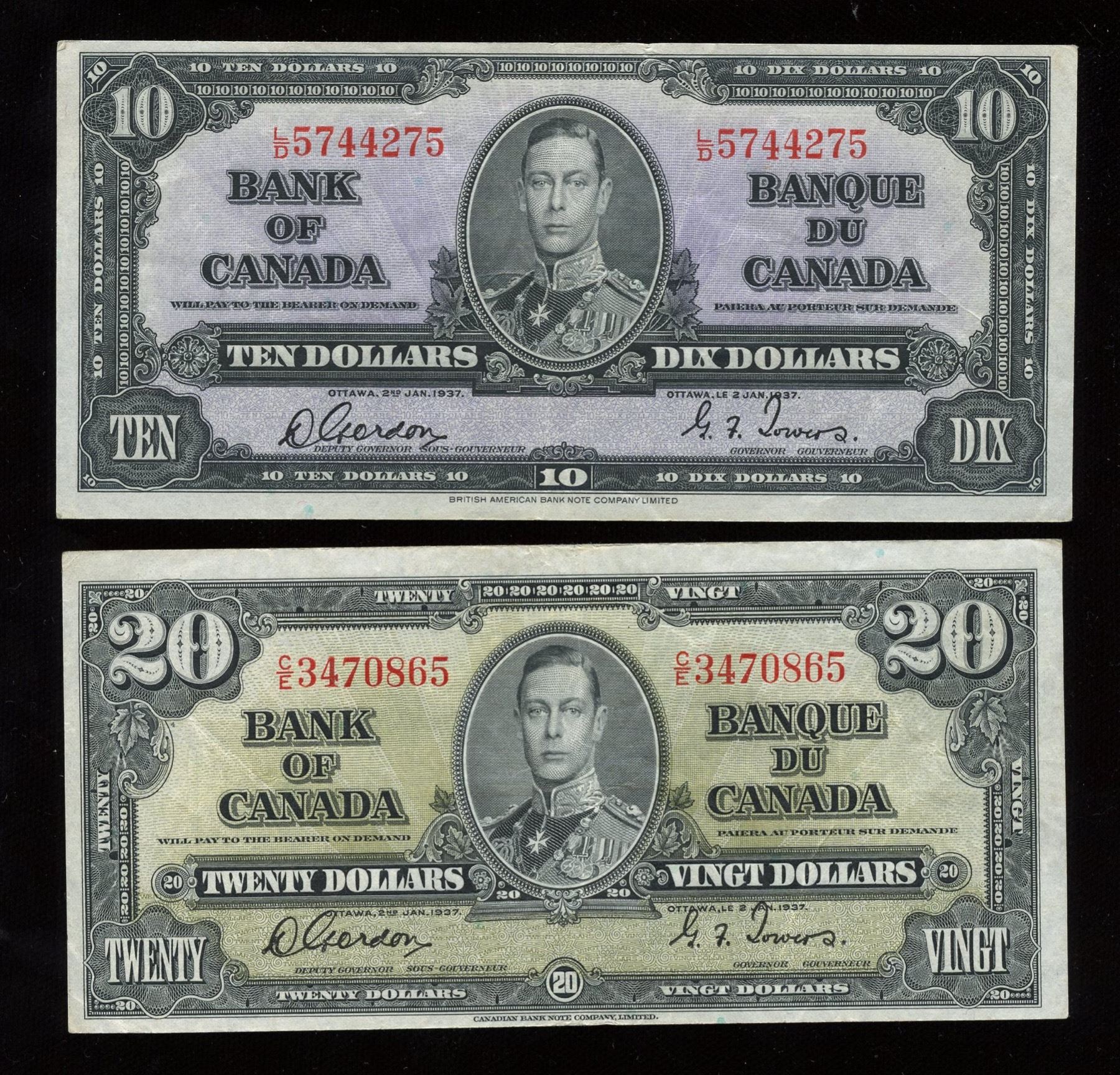 1937 Bank of Canada $1 - $20 Set of Banknotes
