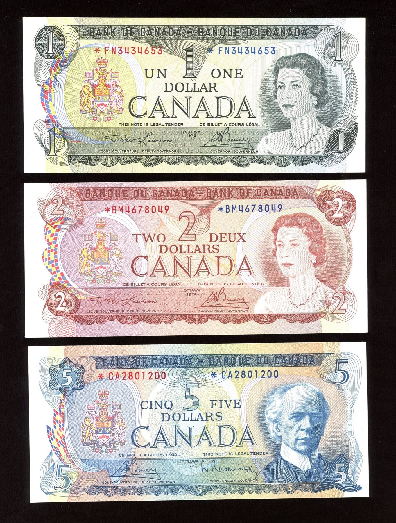 Bank of Canada $1, $2, $5 Replacement Set of 3 Banknotes