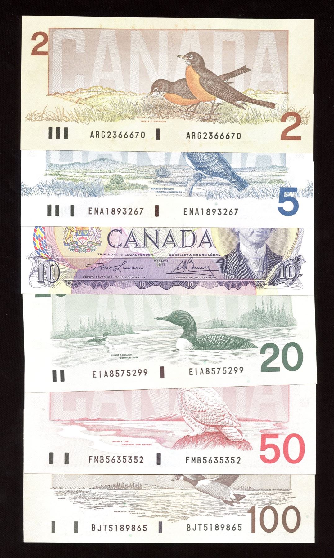 Bank of Canada Bird Series $2 - $100 Banknote Set
