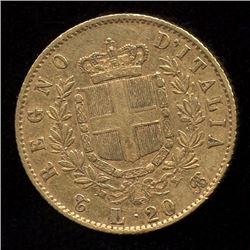 Italy 20 Lire Gold Coin, 1863