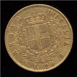 Italy 20 Lire Gold Coin, 1863