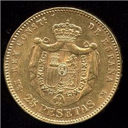 Spain 25 Pesetas Gold Coin, 1881