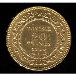 Tunisia 20 Francs Gold Coin, 1904A