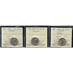 1922, 1923 & 1942 Five Cents - Lot of 3 ICCS Graded Coins