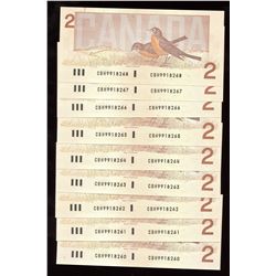 Bank of Canada $2, 1986 - Lot of 9 Consecutives