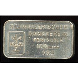 Schwizerischer Bankverein Fine Silver 100 Gram Bar