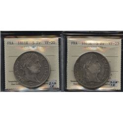 Lot of 2 France silver 5 Francs, 1811K and 1813K