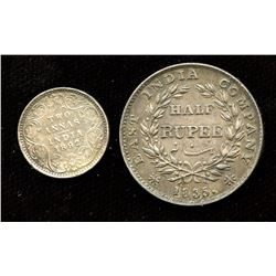 Lot of 2 scarce coins from India, 1892 2 Annas (EF) and 1835 Half Rupee (Calcutta Mint; EF).