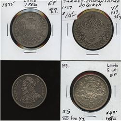 Lot of 4 large world silver coins (1875 to 1931) from Chile, Latvia, Panama, and Turkey