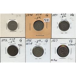 Lot of 6 USA Shield 5c: 1866, 1867, 1871, 1872, 1874, 1875