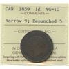 Image 2 : 1859 One Cent - Double Punched Narrow 9 Repunched 5