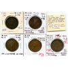 Image 1 : Lot of five Breton 529, 1852 Quebec Bank, Half Penny Tokens.