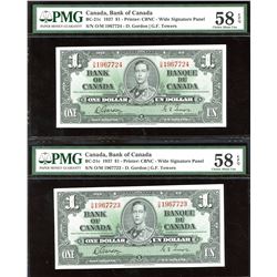 Bank of Canada $1, 1937 - Lot of 2 Consecutive Notes