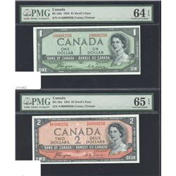 Bank of Canada $1 & $2, 1954 Devil's Face with Matching Low Serial Numbers