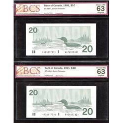 Bank of Canada $20, 1991 - Lot of 2 Consecutives